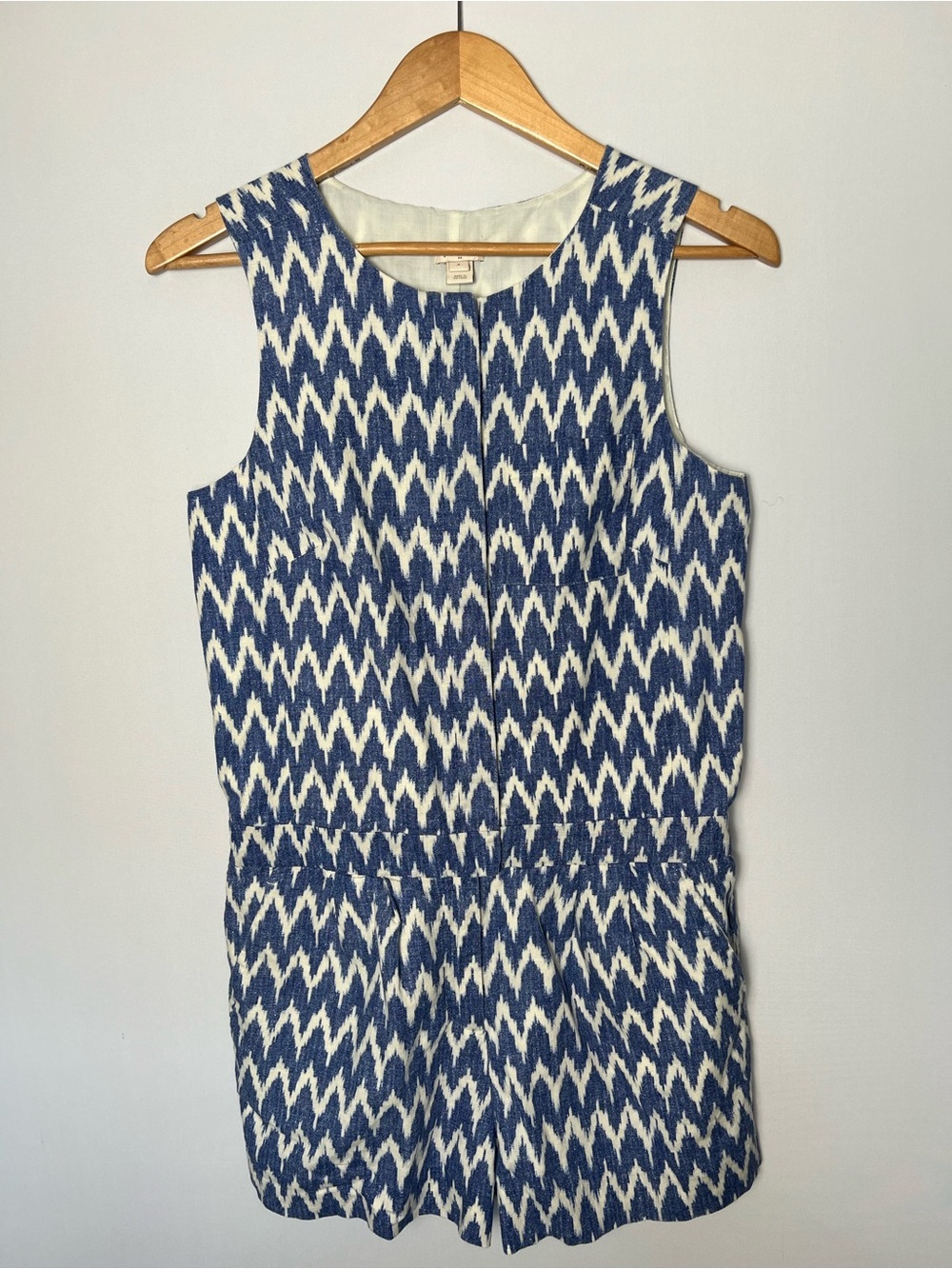 J.Crew Women’s Linen Cotton Ikat Print Romper Sleeveless Blue White Size 4 Lined